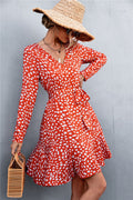 Buy Printed V-Neck Tie Belt Ruffle Hem Mini Dress by YO