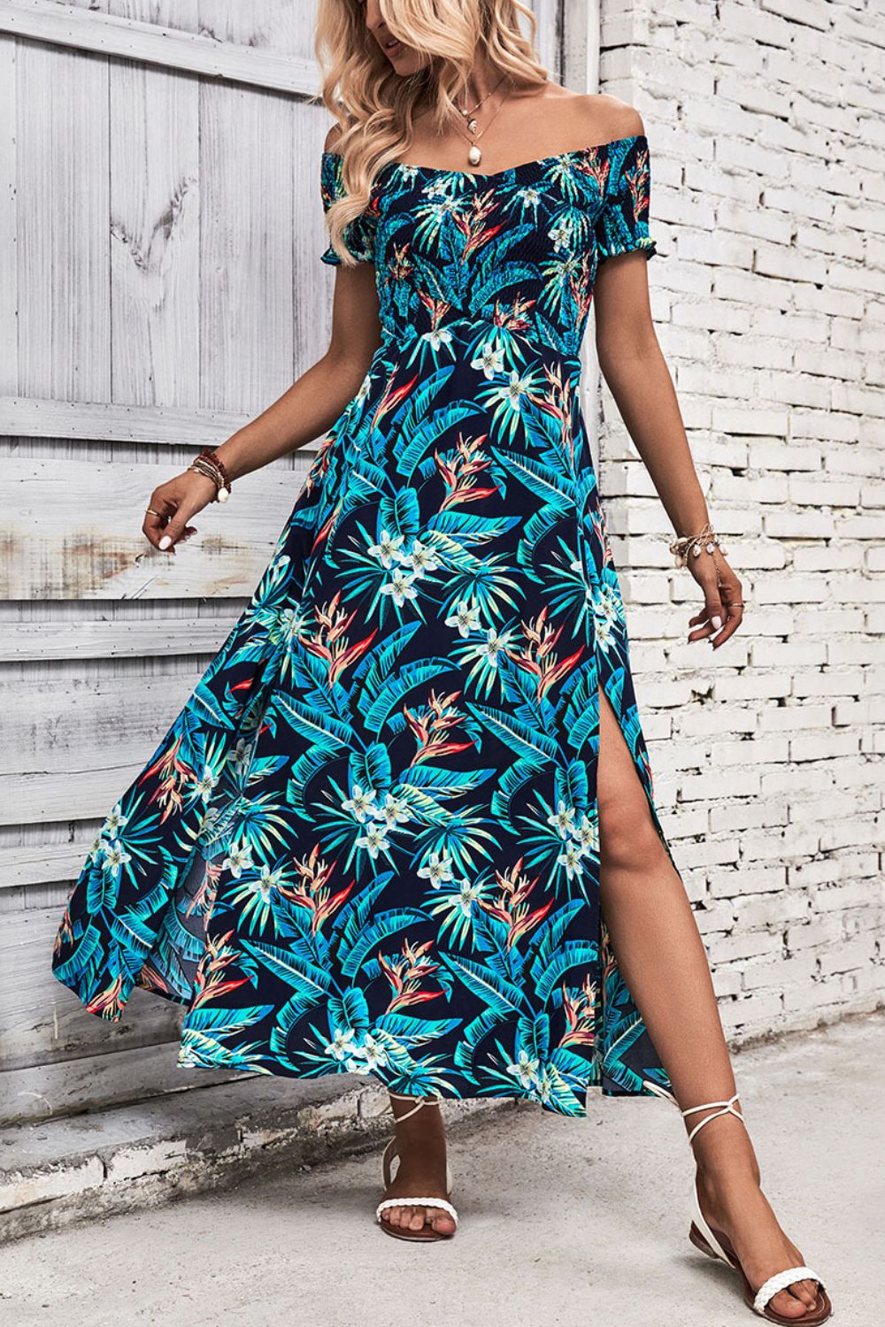 Buy Floral Off-Shoulder Slit Dress by Hundredth