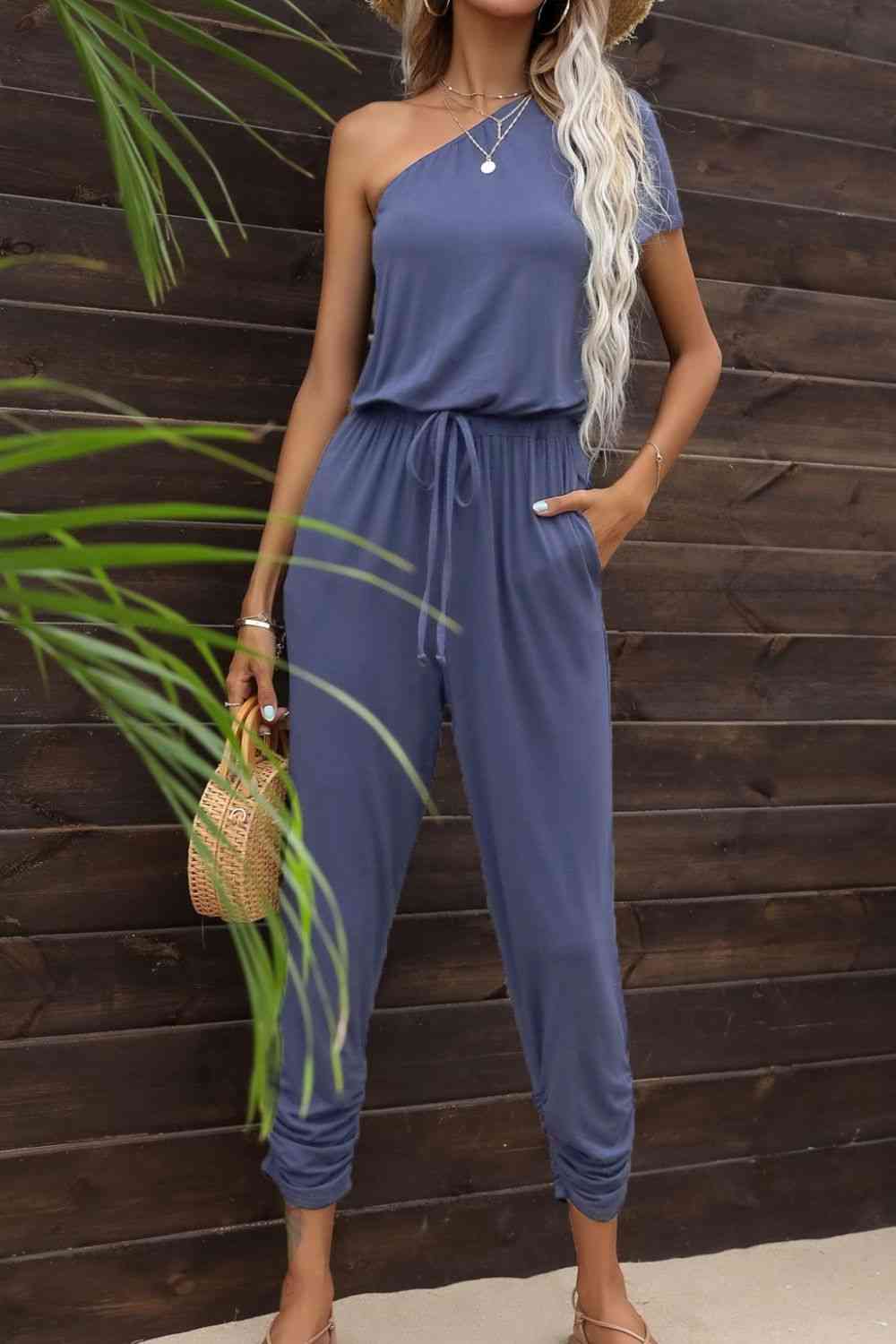 Buy Drawstring Waist One-Shoulder Jumpsuit with Pockets by Putica