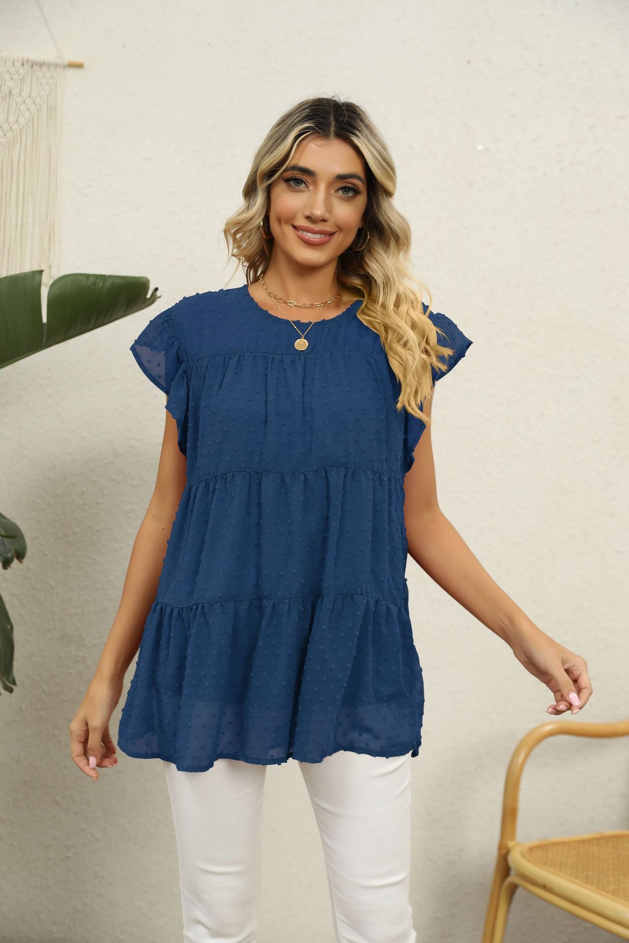 Buy Swiss Dot Round Neck Tiered Blouse by Faz