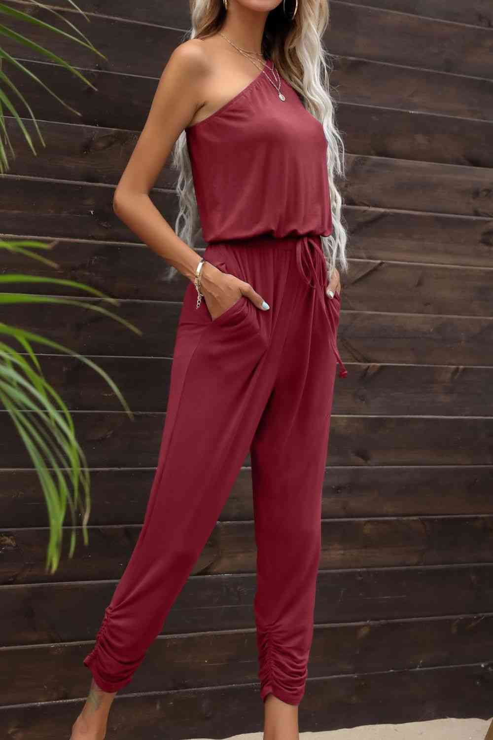 Buy Drawstring Waist One-Shoulder Jumpsuit with Pockets by Putica