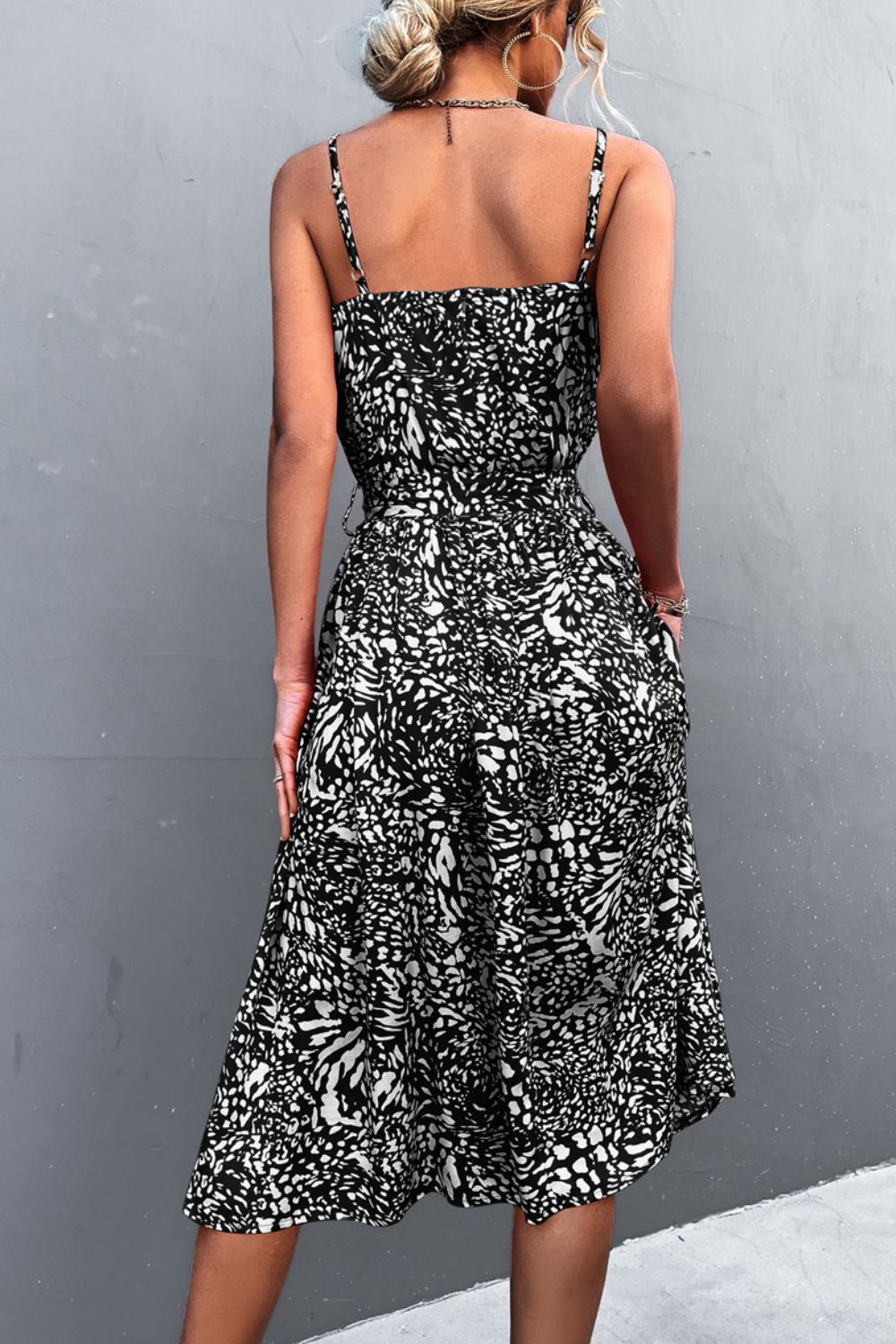 Buy Printed Spaghetti Strap Decorative Button Belted Dress by YO