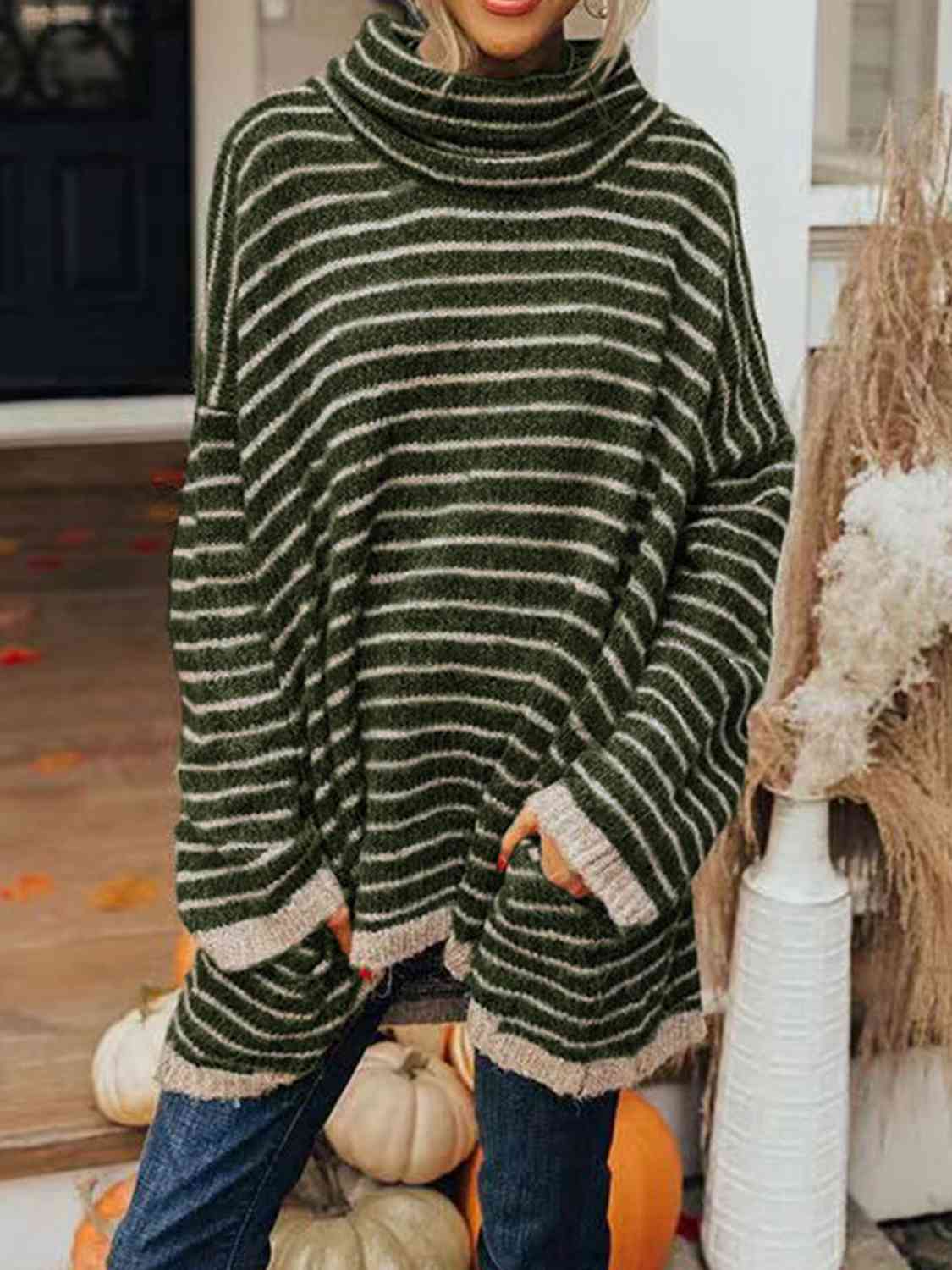 Buy Striped Turtleneck Sweater with Pockets by Faz
