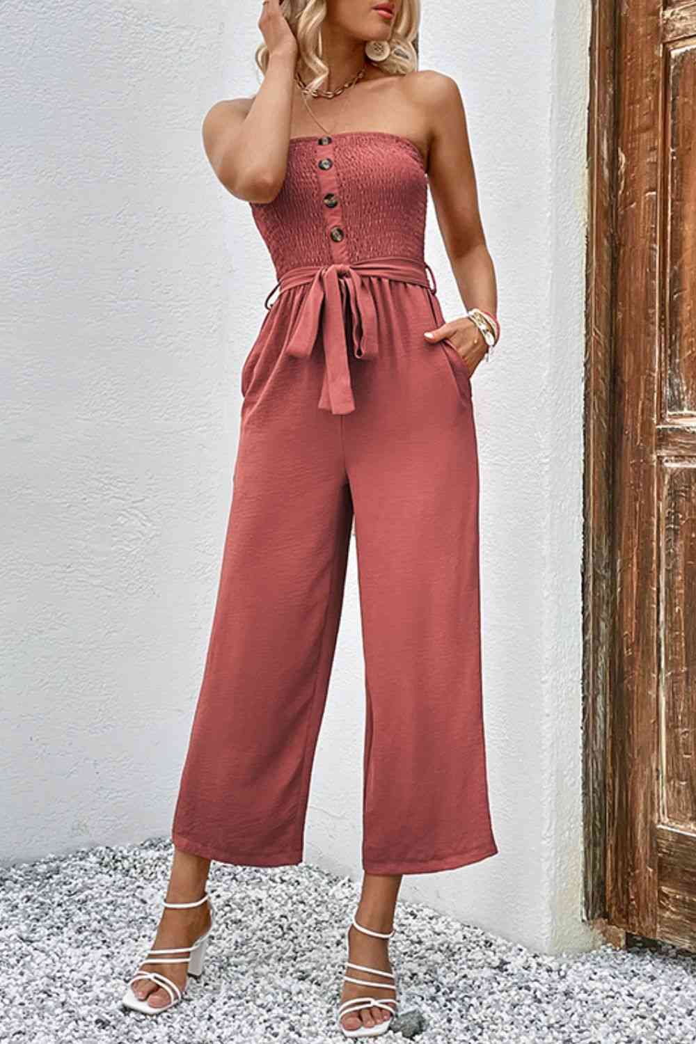 Buy Decorative Button Strapless Smocked Jumpsuit with Pockets by Hundredth