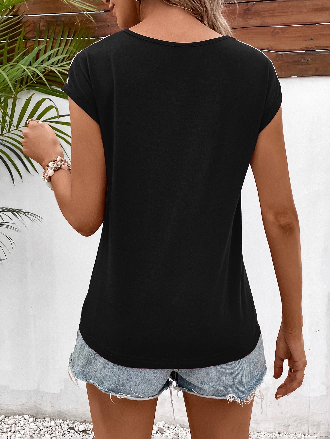 Buy Spliced Lace V-Neck Twisted Hem Tee by Faz