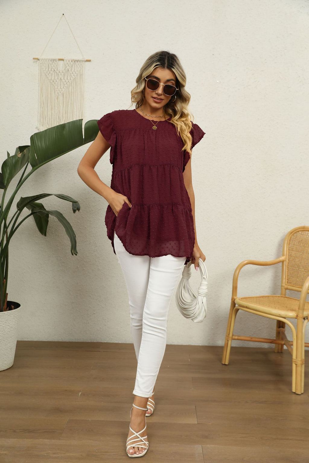Buy Swiss Dot Round Neck Tiered Blouse by Faz