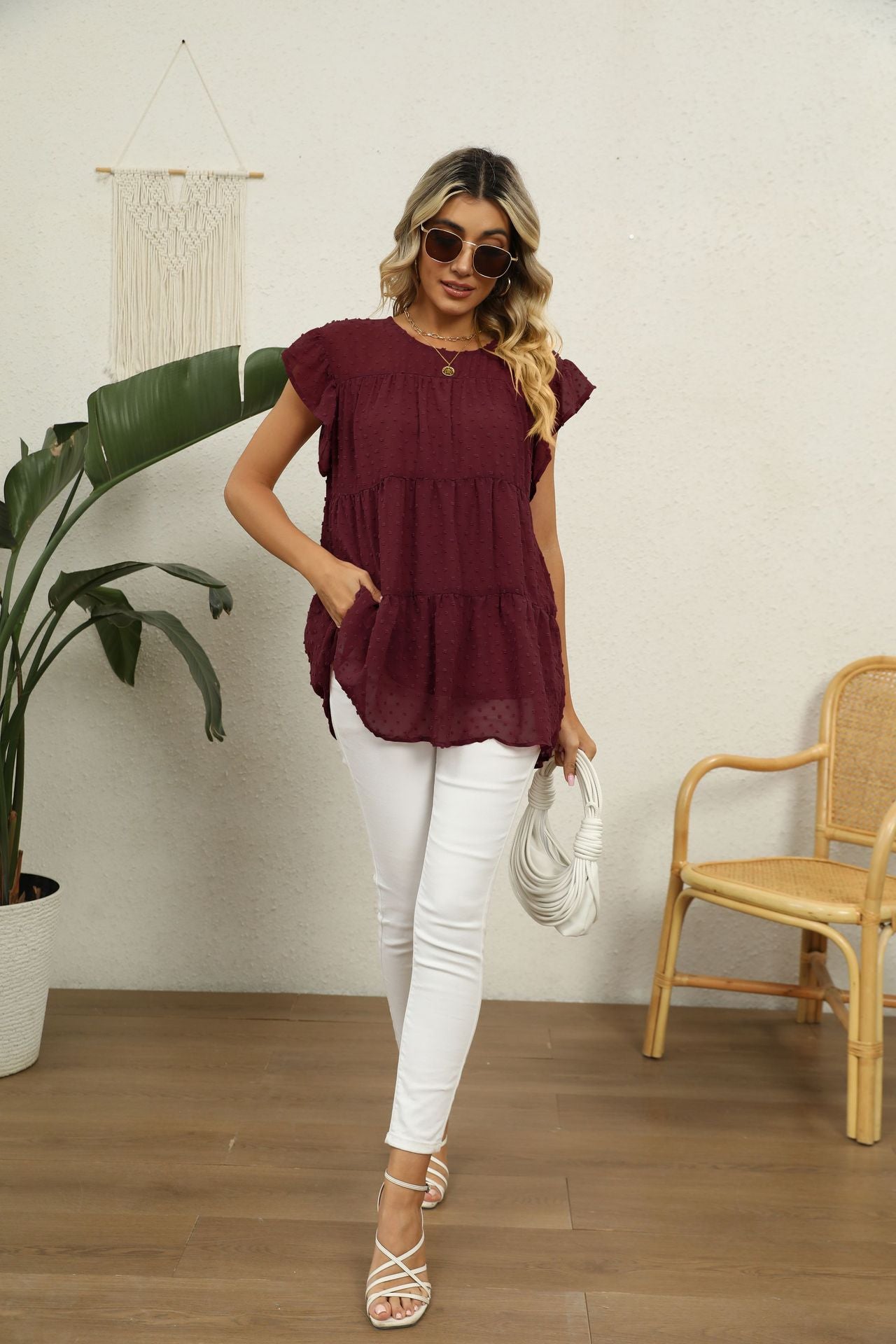 Buy Swiss Dot Round Neck Tiered Blouse by Faz