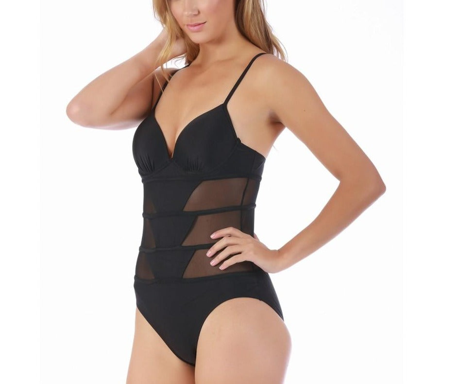 1PC Swimsuit with Mesh Cutouts and Cheeky Bikini Bottom