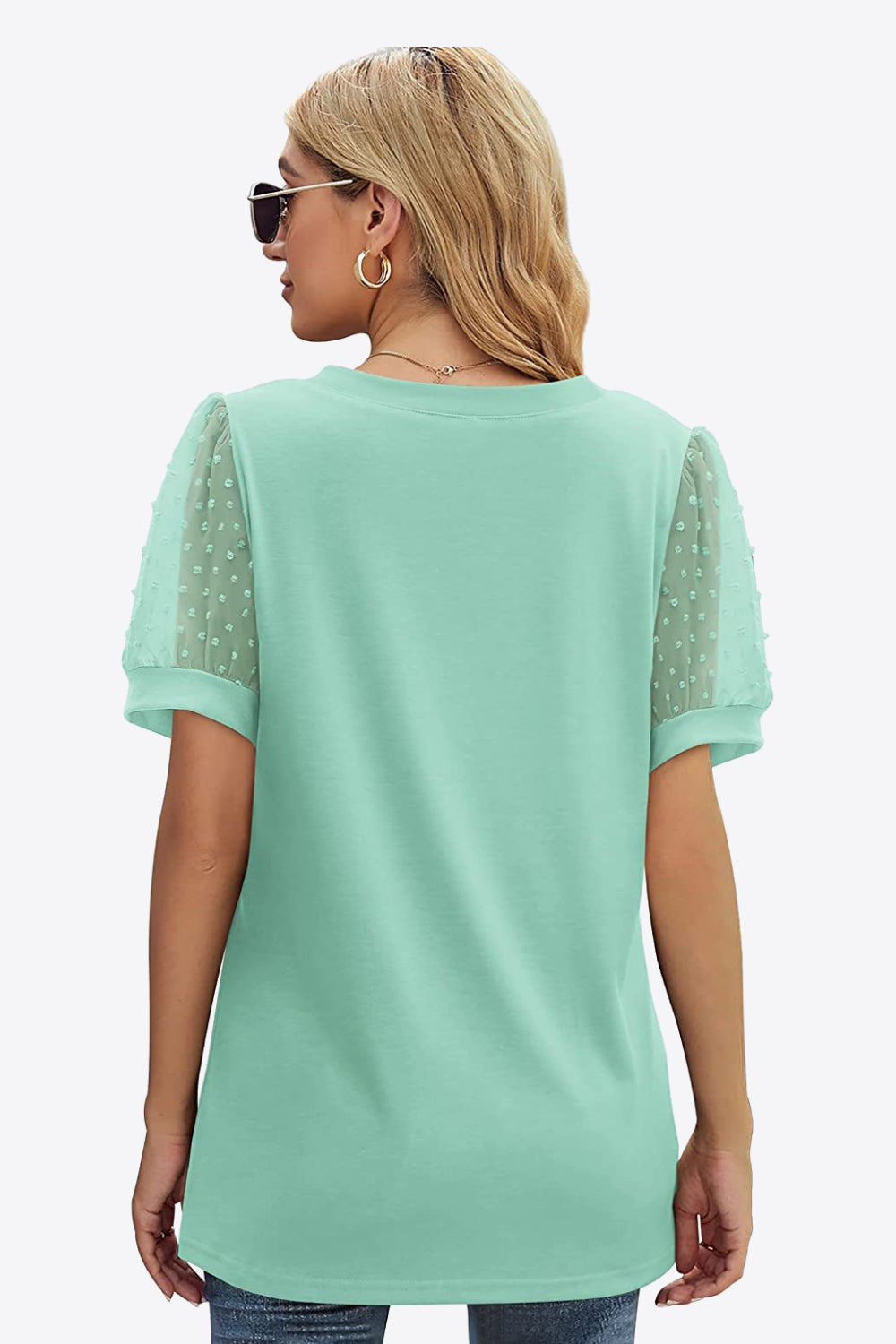 Buy Swiss Dot Puff Sleeve V-Neck Tee by Faz