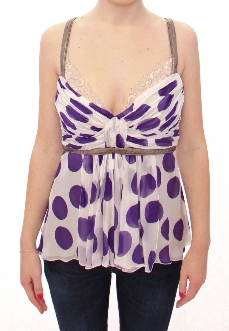 Elegant Polka Dotted Silk Blouse with Leather Detailing