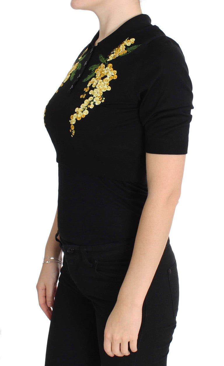 Buy Black Silk Floral Embroidered Polo Top by Dolce & Gabbana