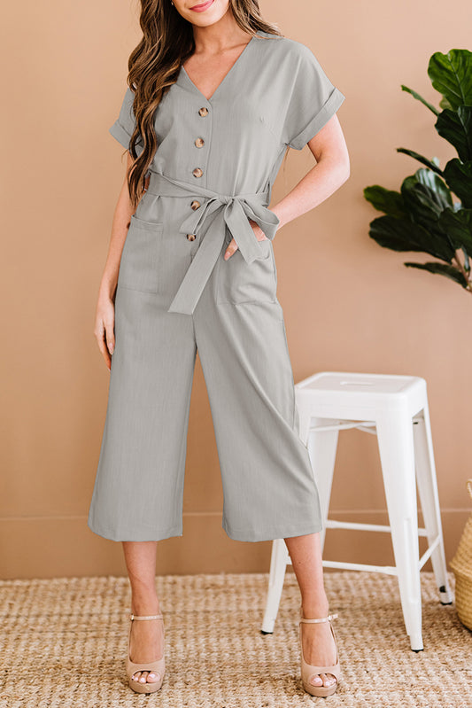 Buy Button Front Belted Cropped Jumpsuit with Pockets by Faz