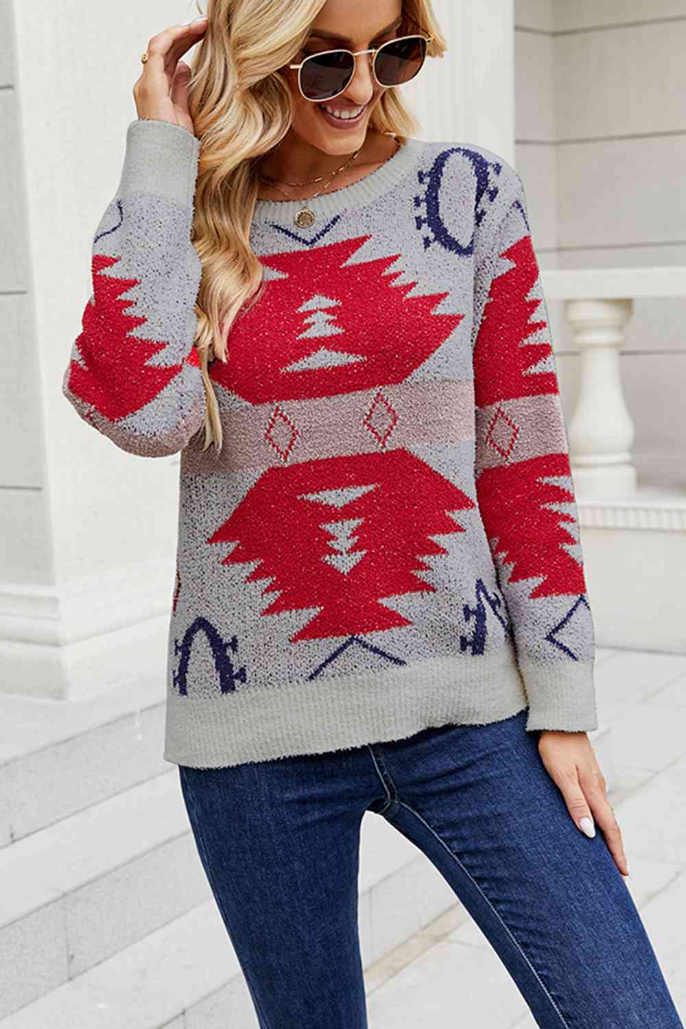 Buy Printed Round Neck Long Sleeve Sweater by Faz