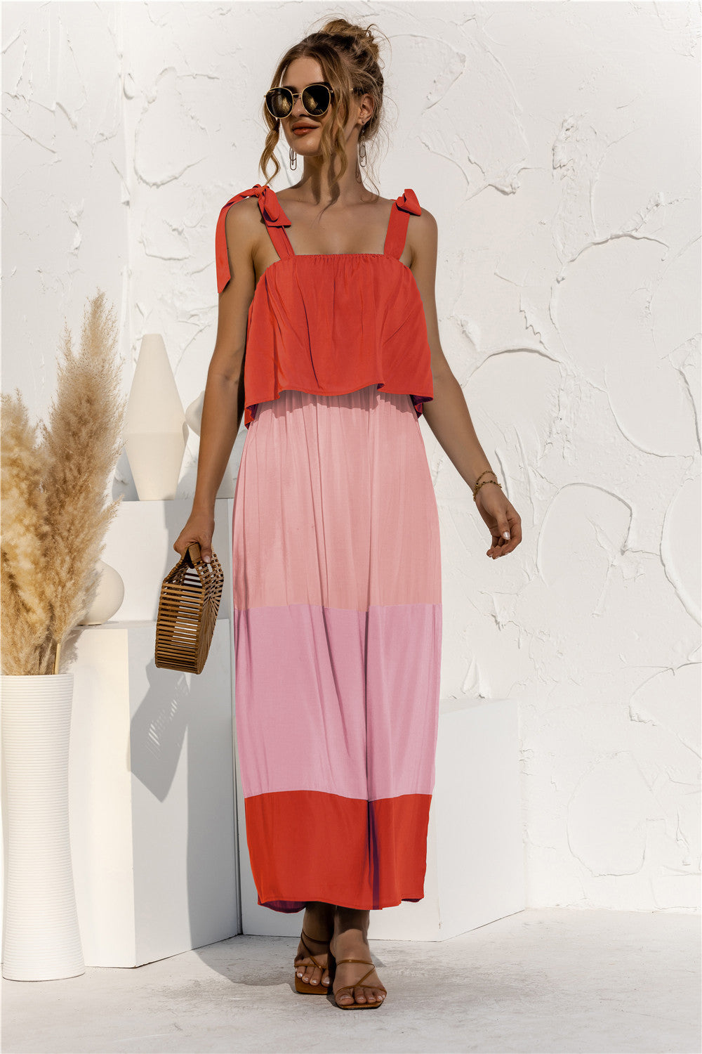 Buy Color Block Tie Shoulder Tiered Sleeveless Dress by Faz