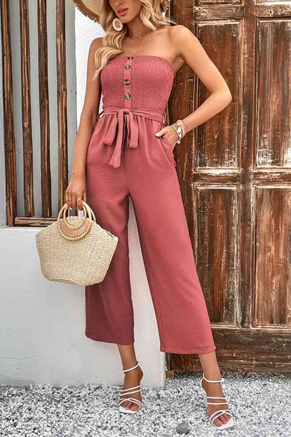 Buy Decorative Button Strapless Smocked Jumpsuit with Pockets by Hundredth