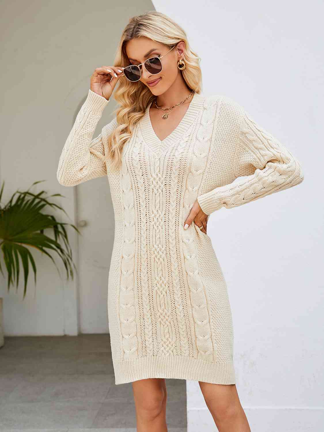 Buy Cable-Knit V-Neck Mini Sweater Dress by YH