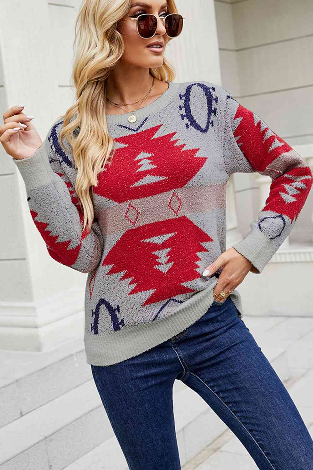 Buy Printed Round Neck Long Sleeve Sweater by Faz