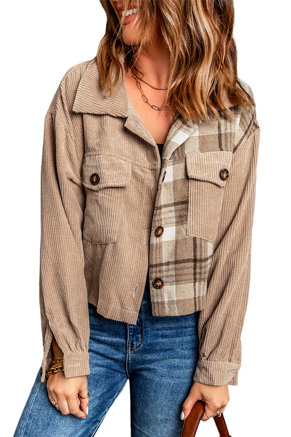 Buy Plaid Corduroy Dropped Shoulder Jacket by Faz