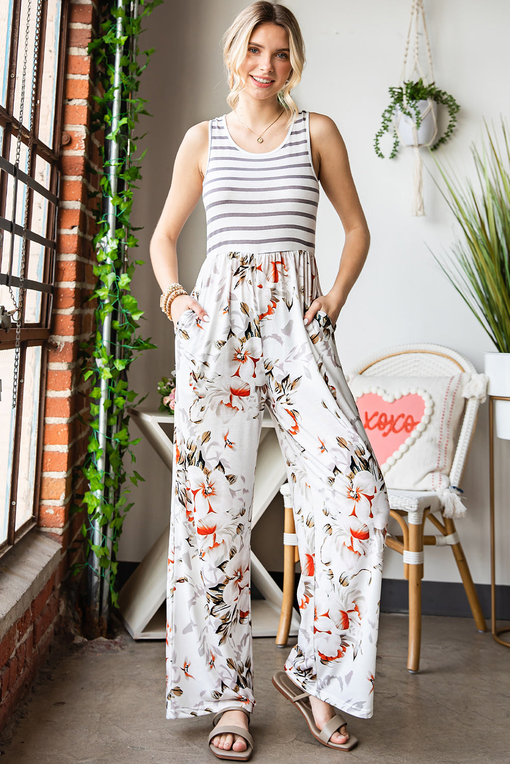 Buy Striped Floral Sleeveless Wide Leg Jumpsuit with Pockets by Faz