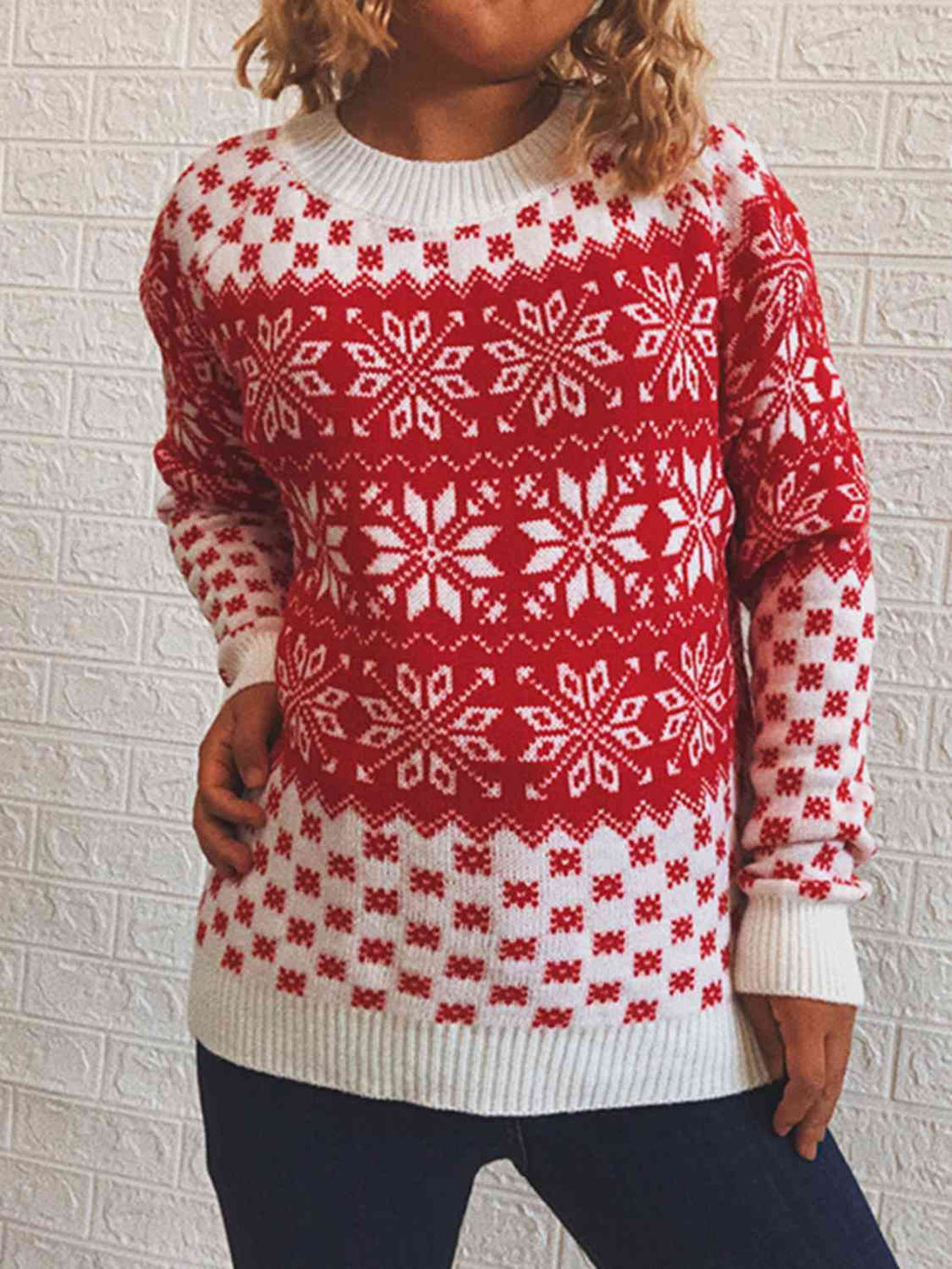 Buy Snowflake Pattern Long Sleeve Sweater by Faz