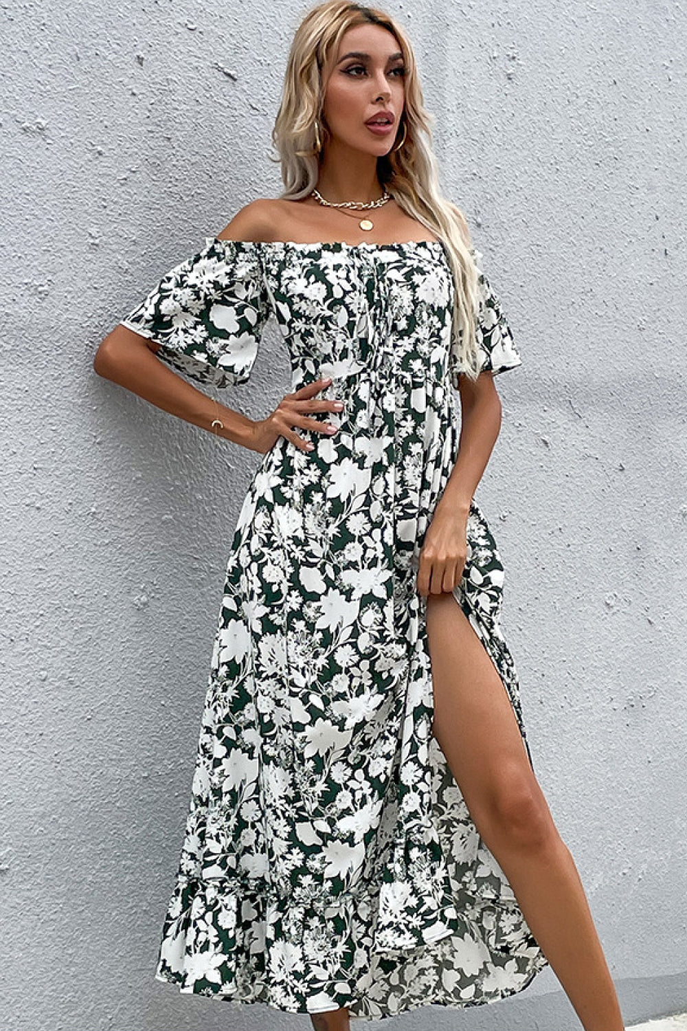 Buy Floral Slit Off-Shoulder Midi Dress by Hundredth