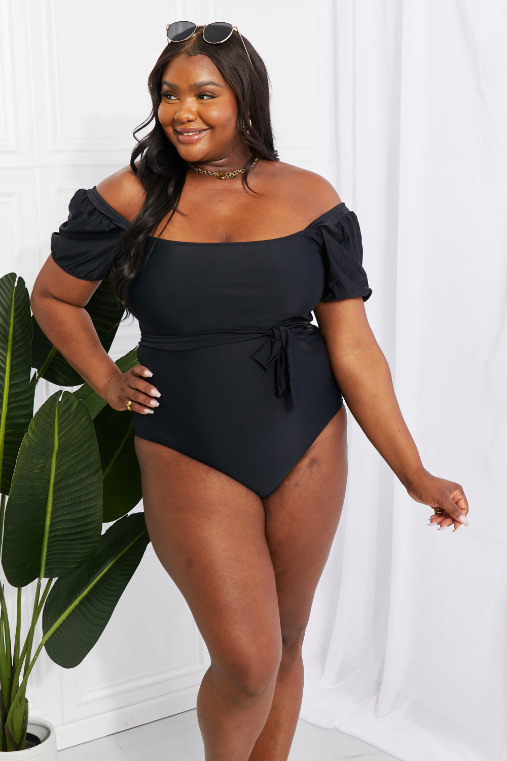 Buy Salty Air Puff Sleeve One-Piece in Black by Marina West Swim