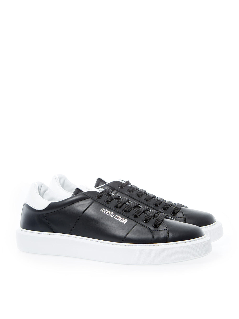 Elegant Black Leather Sneakers with Silver Logo
