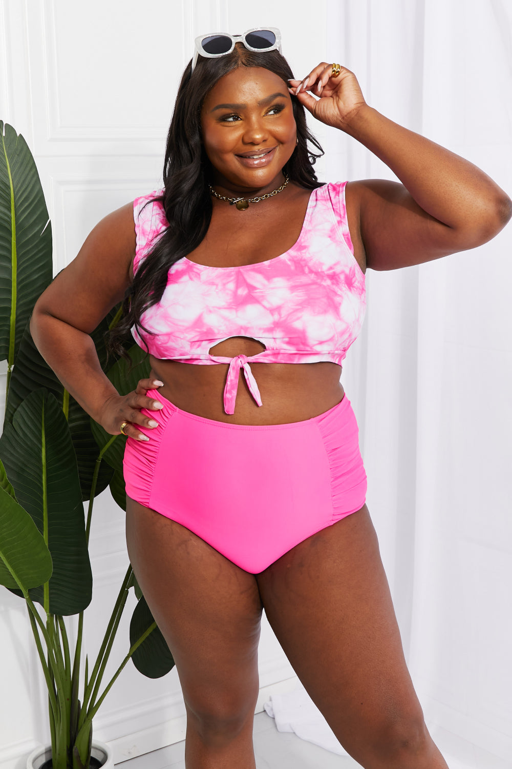 Buy Sanibel Crop Swim Top and Ruched Bottoms Set in Pink by Marina West Swim