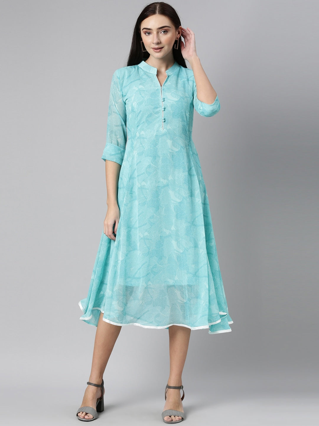 Buy Souchii Blue Floral Chiffon A-Line Midi Dress by Distacart