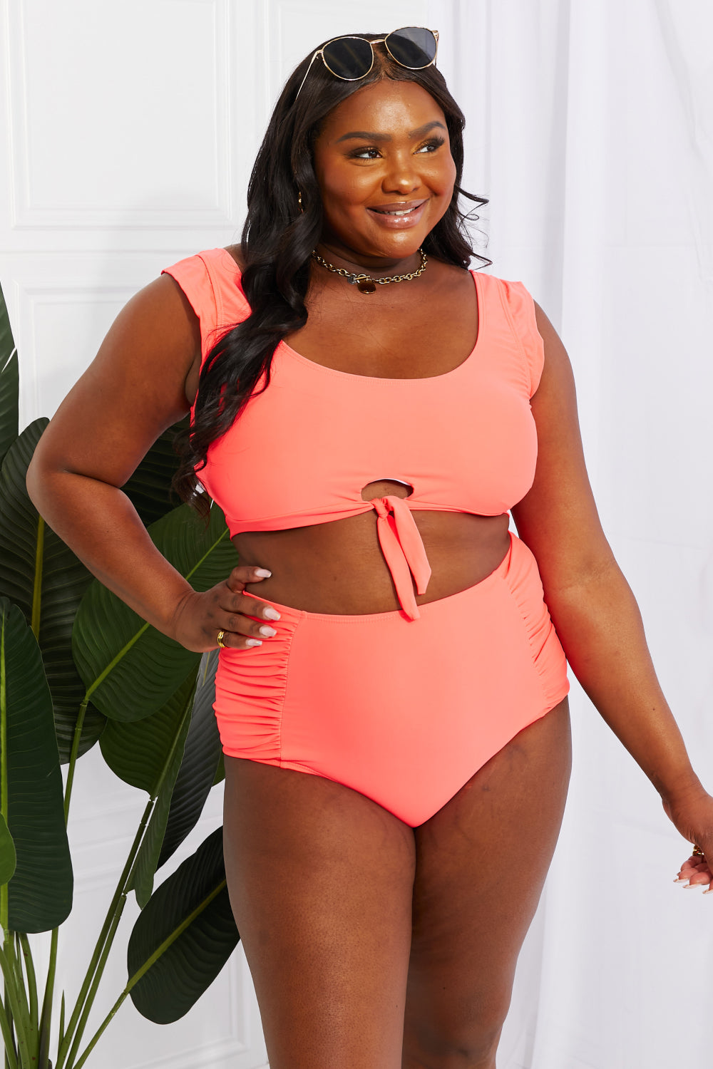 Buy Sanibel Crop Swim Top and Ruched Bottoms Set in Coral by Marina West Swim