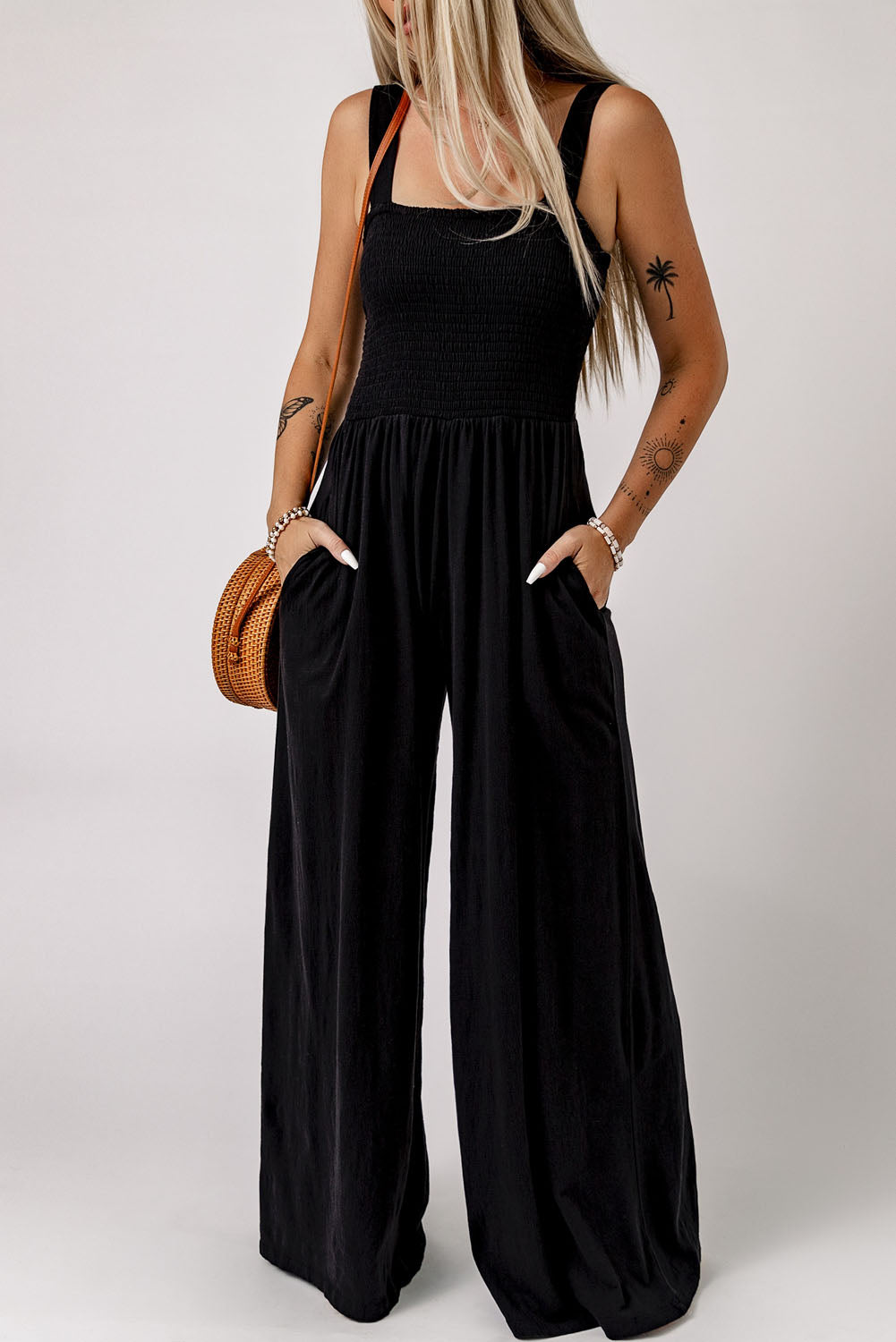 Buy Smocked Square Neck Wide Leg Jumpsuit with Pockets by Faz