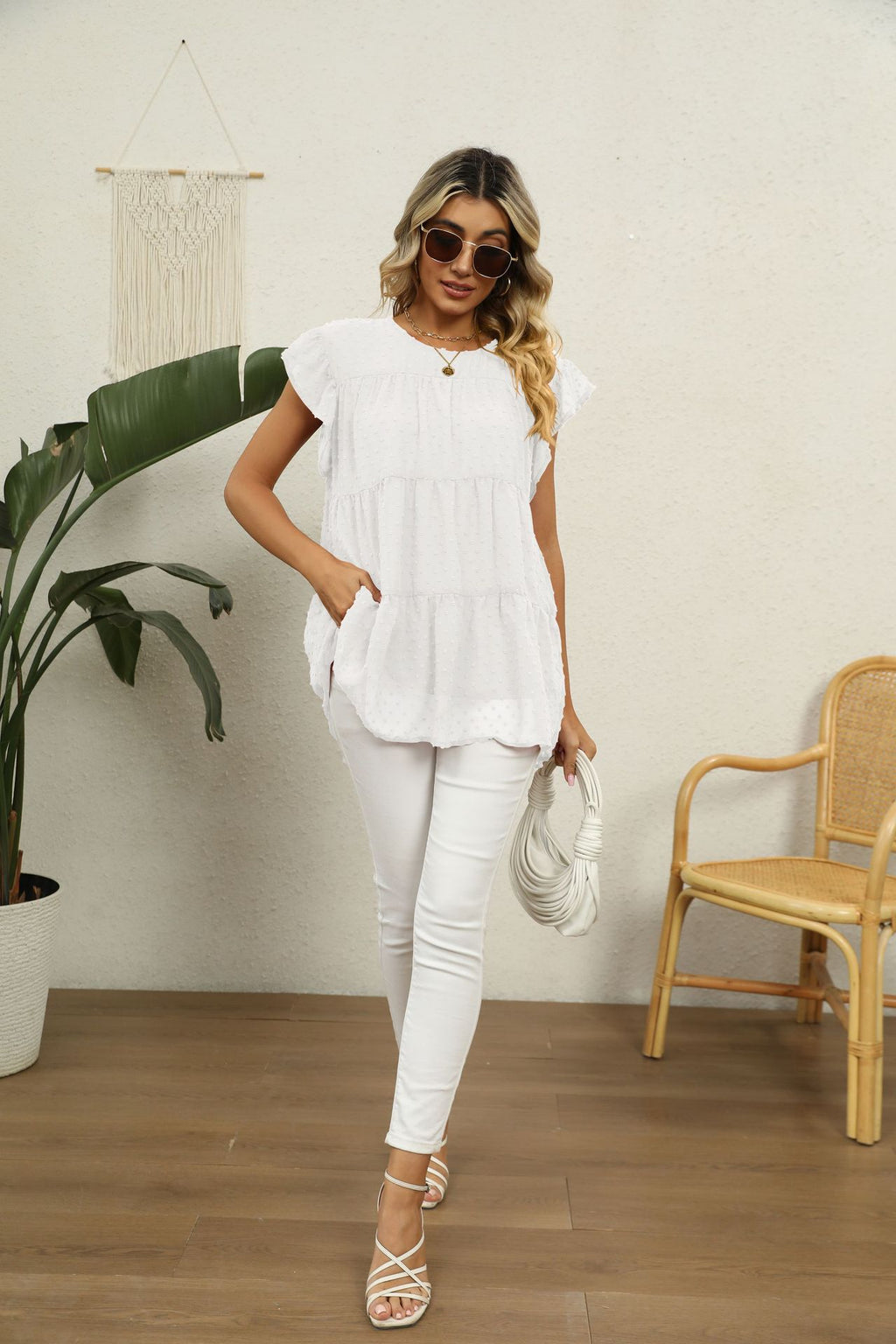 Buy Swiss Dot Round Neck Tiered Blouse by Faz