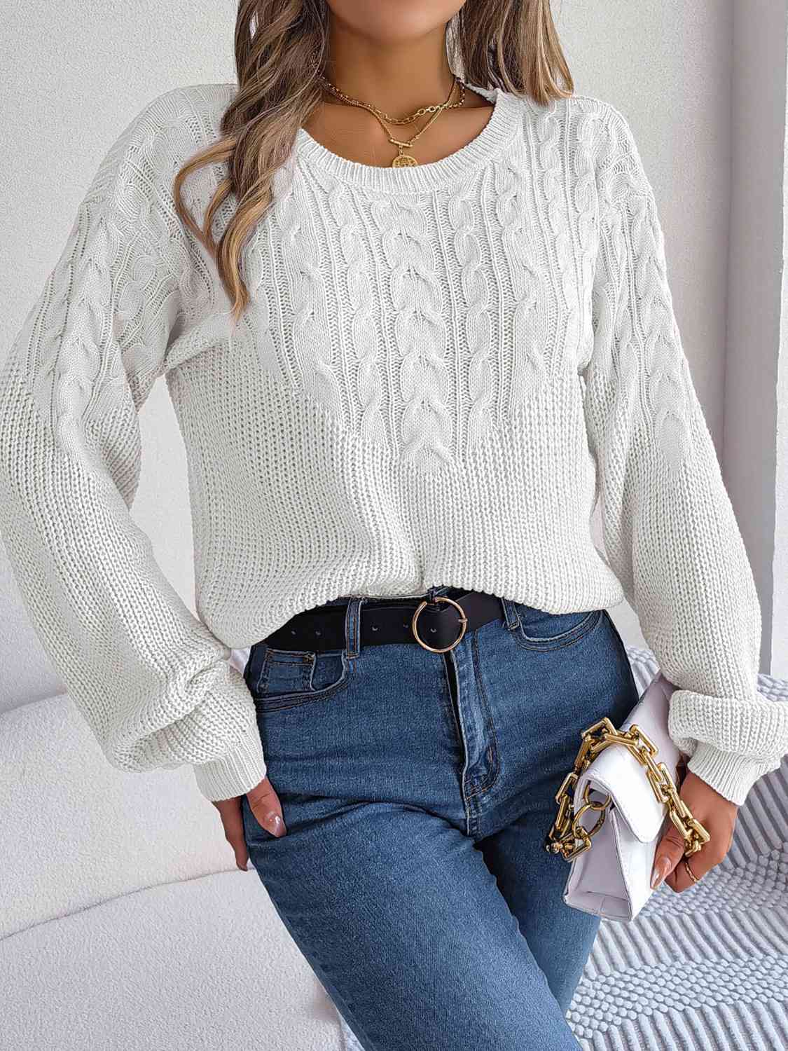 Buy Cable-Knit Round Neck Drop Shoulder Sweater by B.J.S