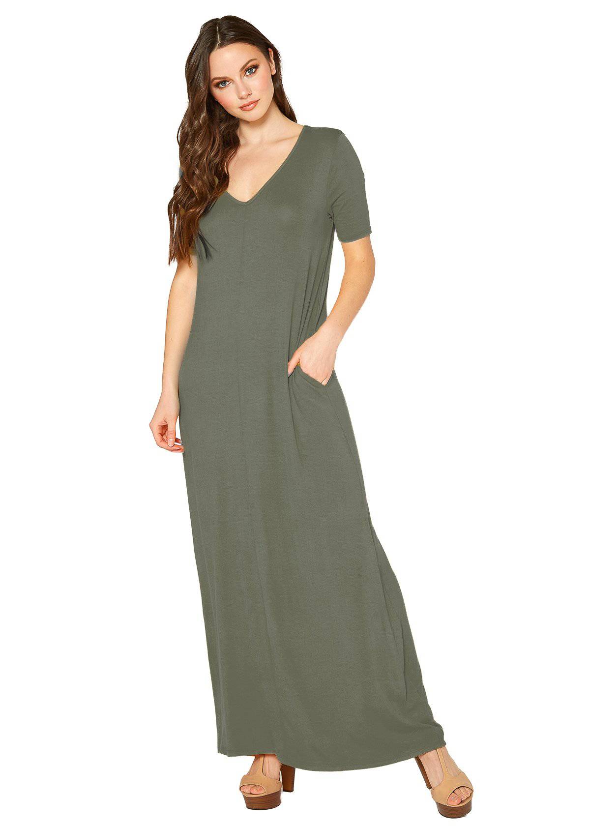 V-neck Short Sleeve Maxi Dress With Pockets