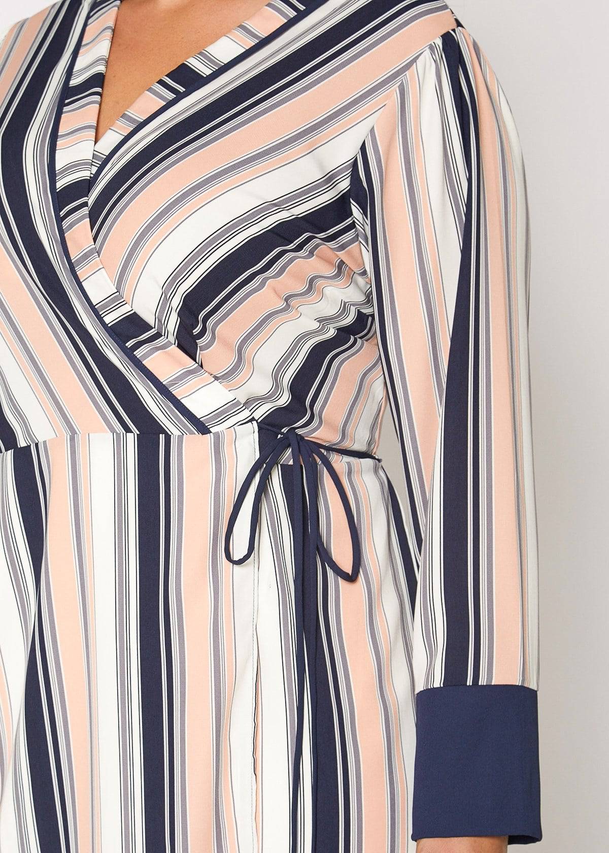 Buy Printed Wrap Dress With Cuff Binding in Multi Stripe by Shop at Konus