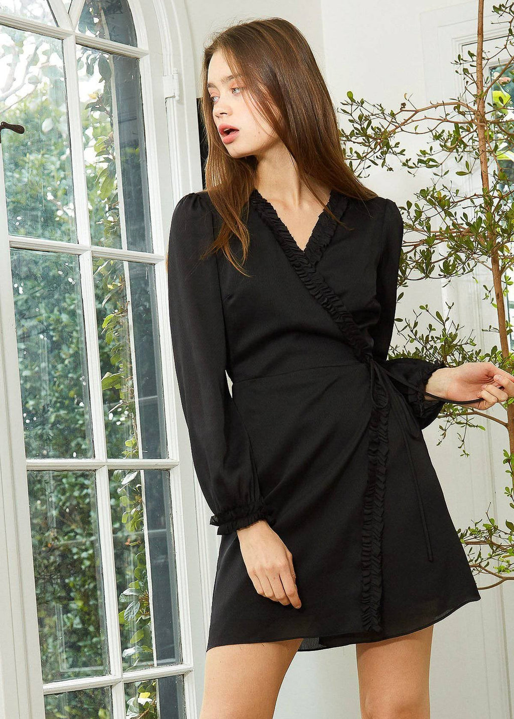 Buy Ruffle Trim Long Sleeve Wrap Dress in Black by Shop at Konus