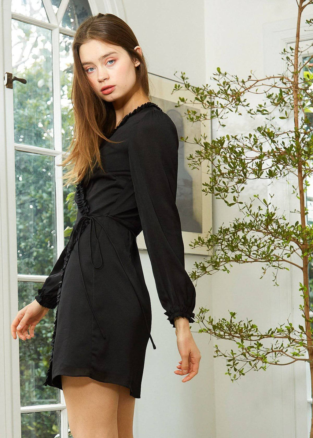 Buy Ruffle Trim Long Sleeve Wrap Dress in Black by Shop at Konus