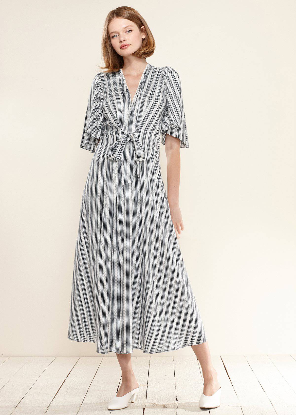 Lace Trim Tie Front Maxi Dress in Ditsy Gingham