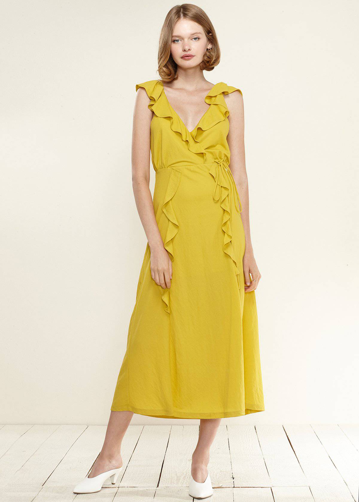 Ruffle Trim Wrapped Maxi Dress in Mustard