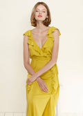 Buy Ruffle Trim Wrapped Maxi Dress in Mustard by Shop at Konus