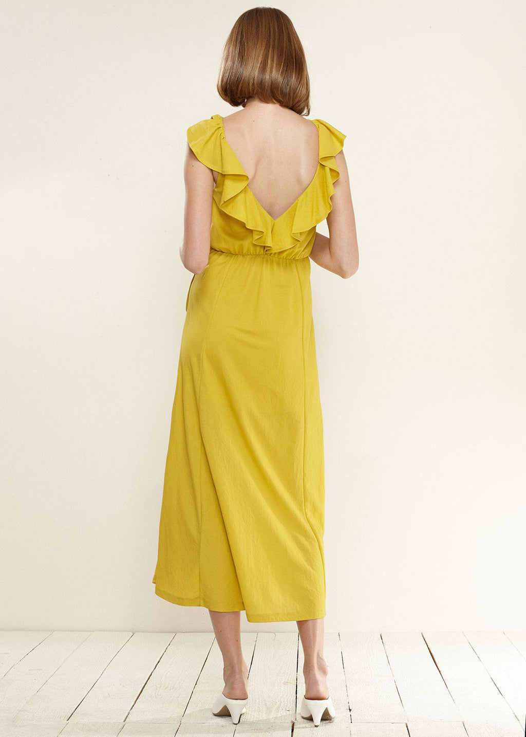 Buy Ruffle Trim Wrapped Maxi Dress in Mustard by Shop at Konus