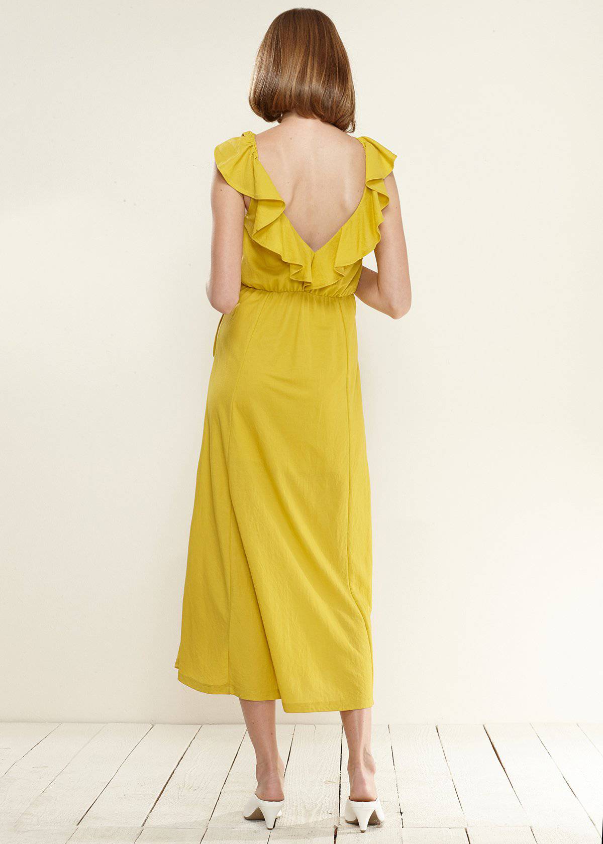 Buy Ruffle Trim Wrapped Maxi Dress in Mustard by Shop at Konus