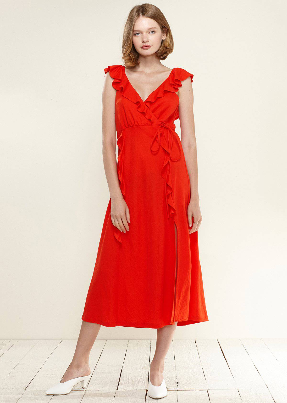 Ruffle Trim Wrapped Maxi Dress in Red