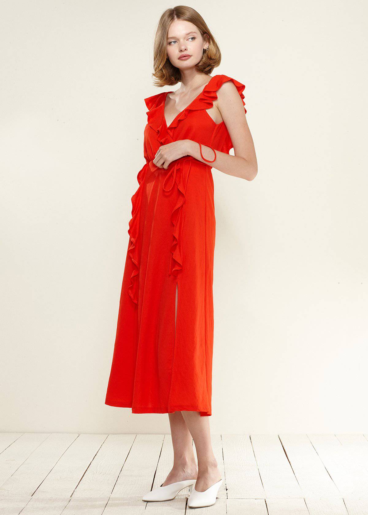 Ruffle Trim Wrapped Maxi Dress in Red