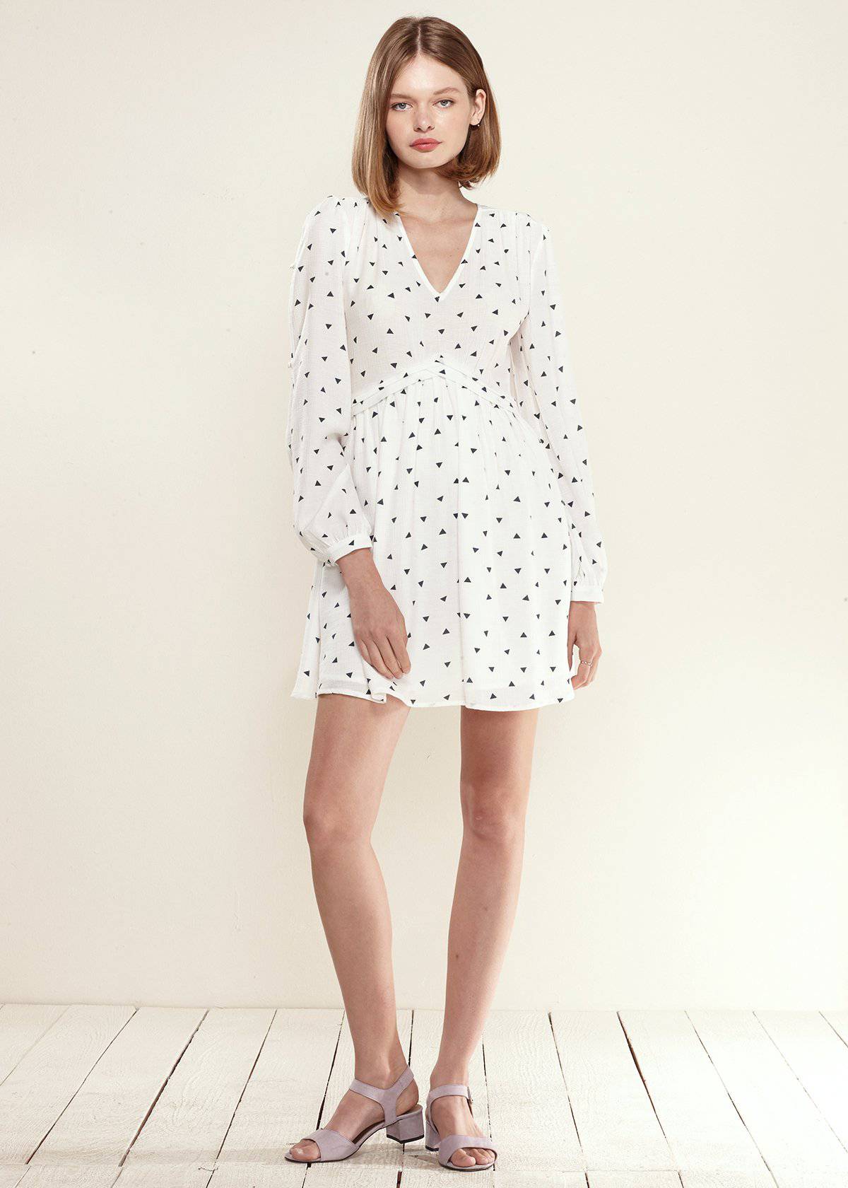 Triangle Print Long Sleeve Dress in White Triangle