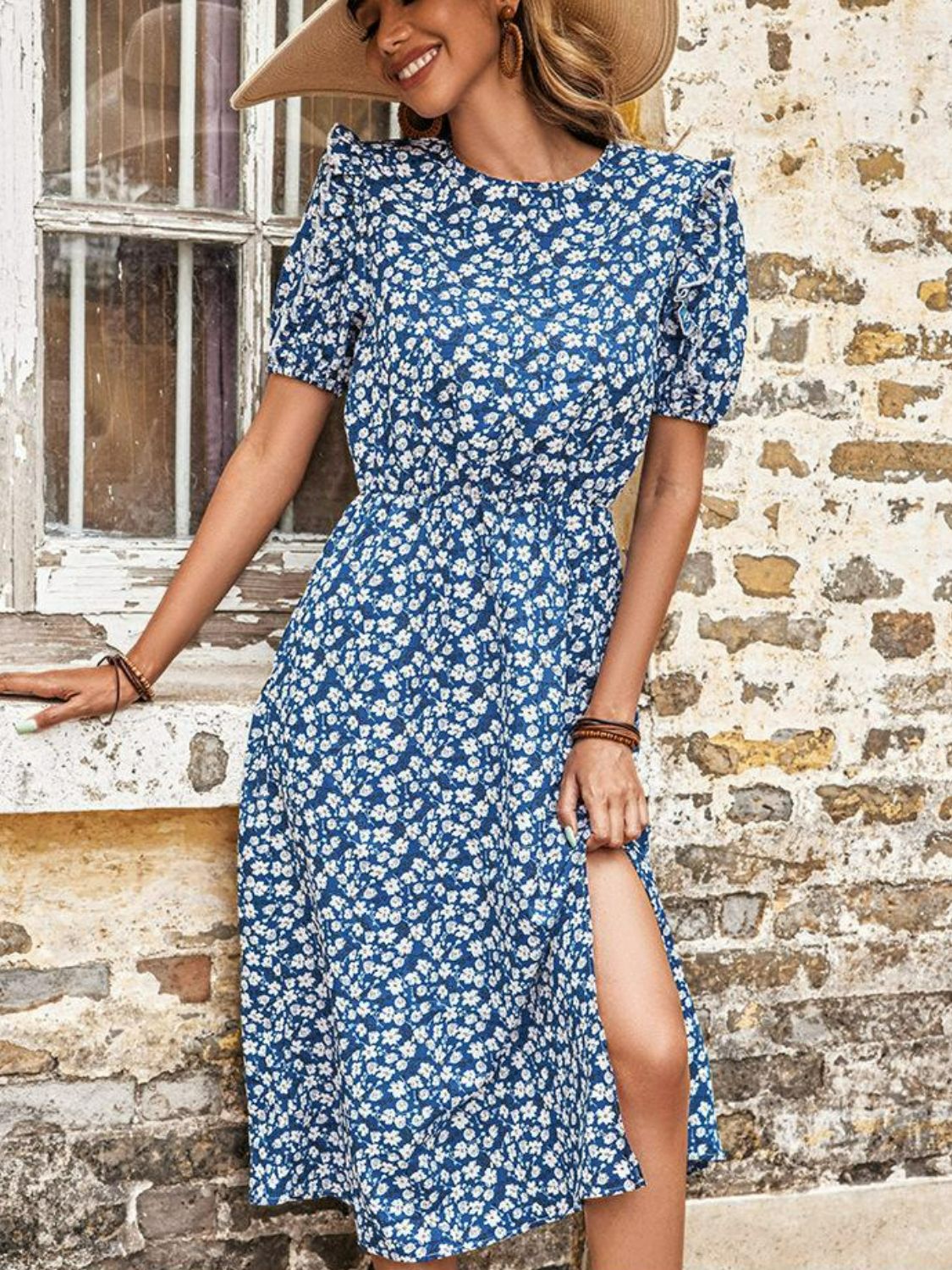 Buy Floral Round Neck Split Midi Dress by Hundredth