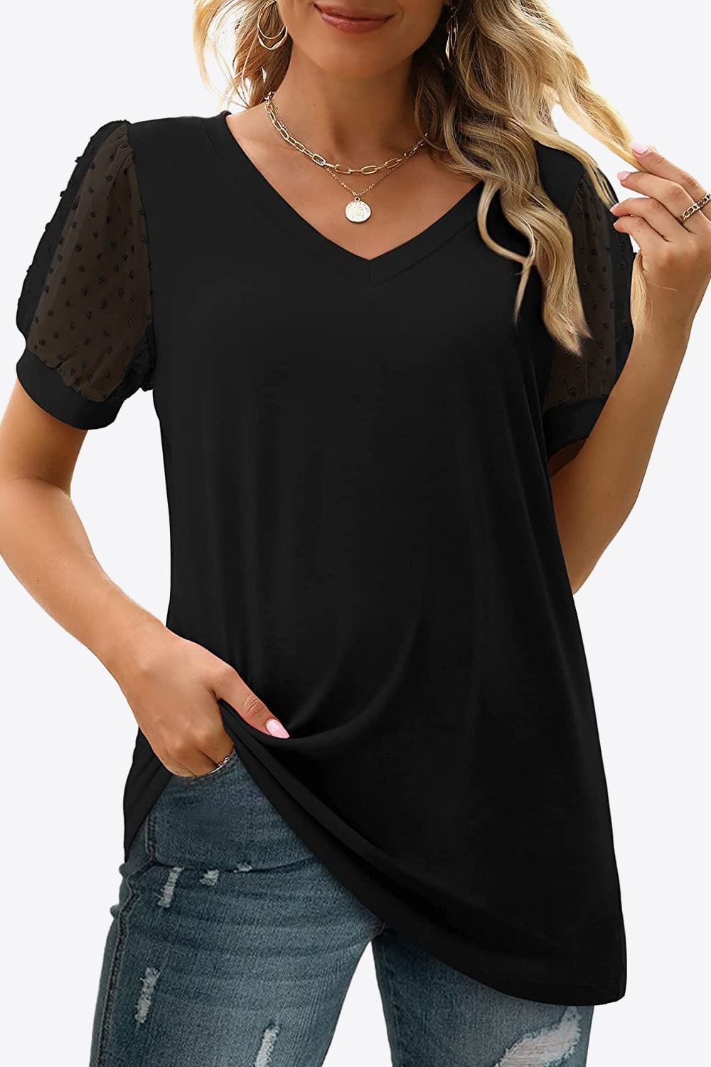 Buy Swiss Dot Puff Sleeve V-Neck Tee by Faz