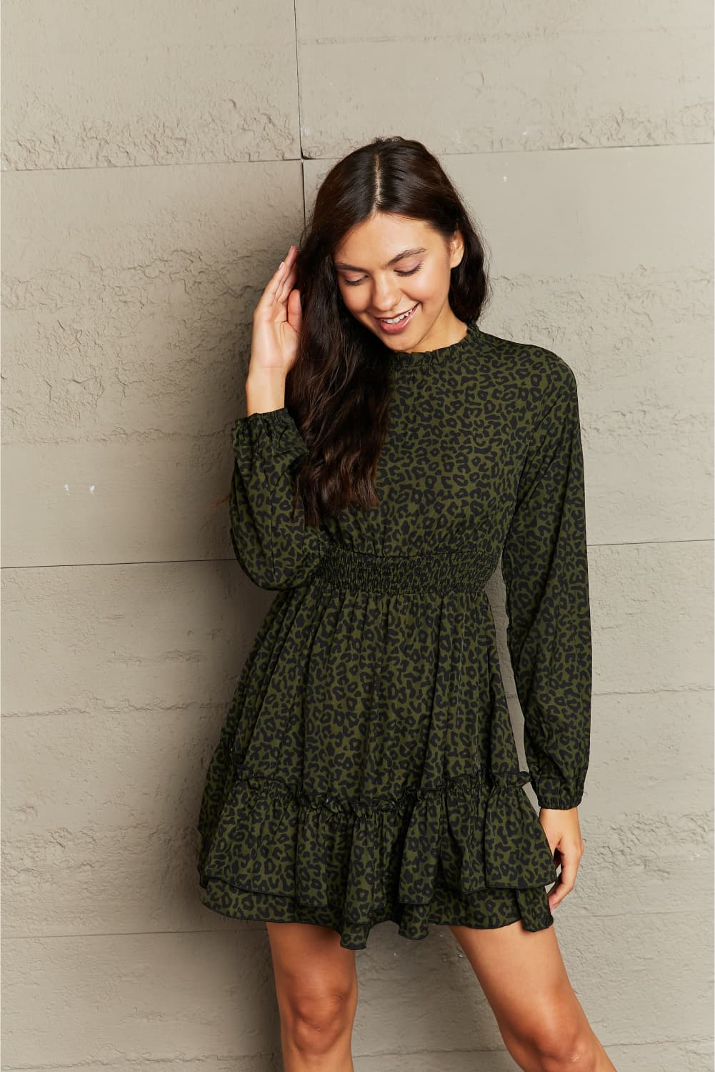 Buy Leopard Smock Waist Long Sleeve Dress by Hanny