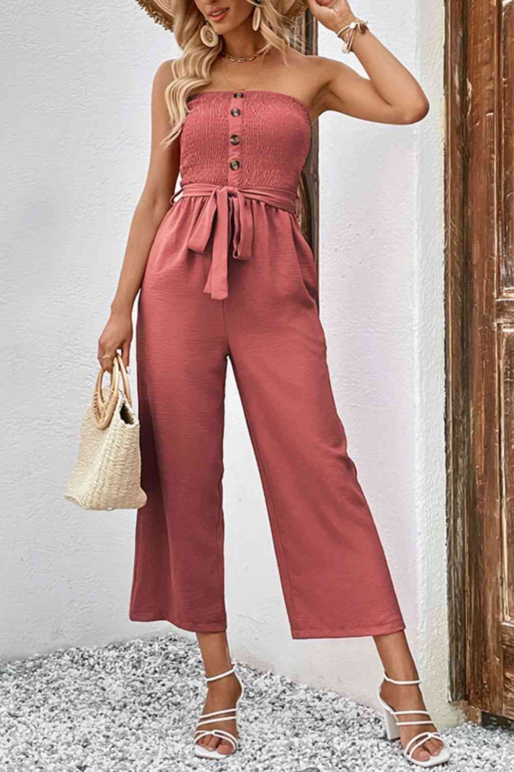Buy Decorative Button Strapless Smocked Jumpsuit with Pockets by Hundredth
