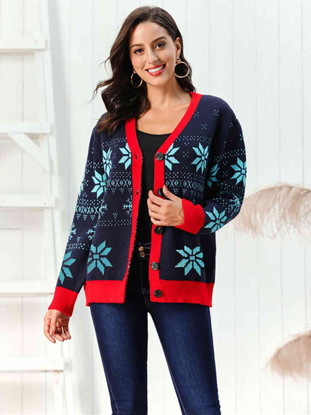 Buy Snowflake Pattern Button Down Cardigan by Faz